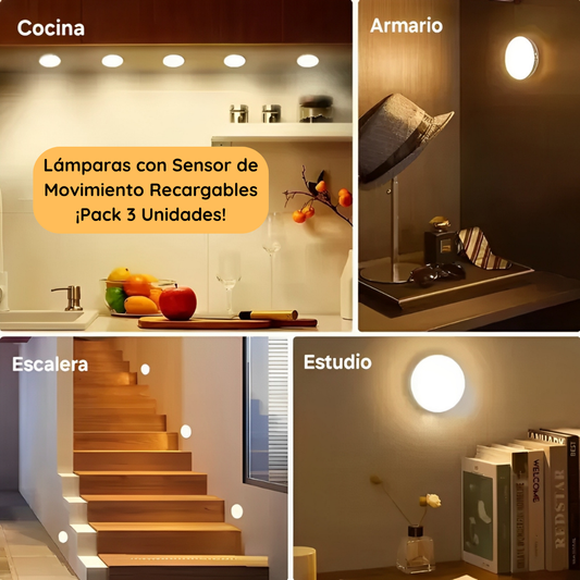 PACK 3 Lámparas LED Recargables con Sensor de Movimiento